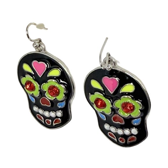 Black Sugar Skull Dangle Earrings 1" Silver Tone Enamel Day Of The Dead - Picture 4 of 8